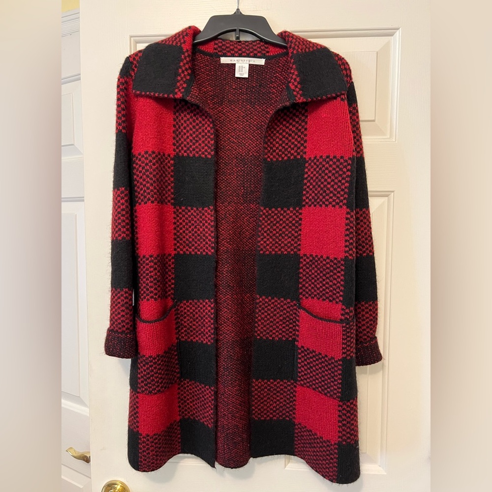 Max Studio Red and Black Plaid Open Front Cardigan Sweater Women’s Extra Small